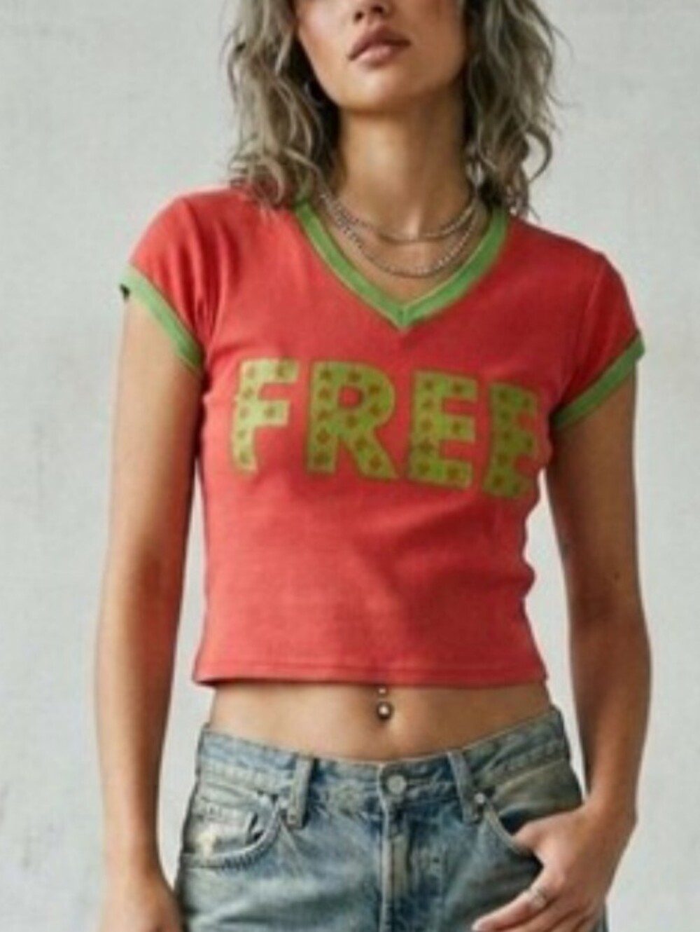 RARE Vintage 90s Graphic Orange & Green T-Shirt Cropped Top. Stars & V Neck